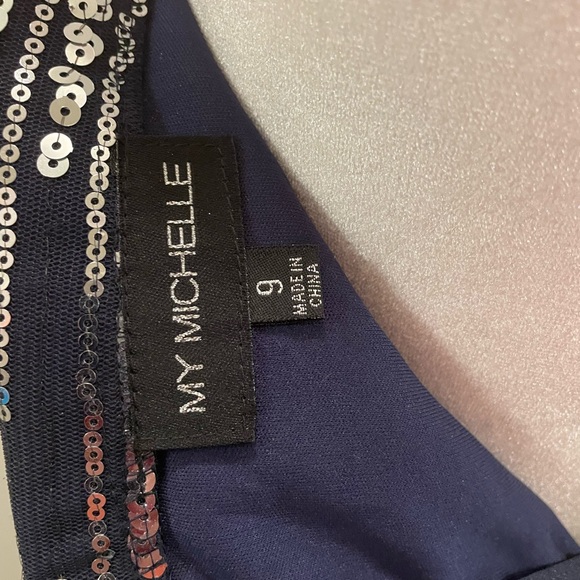 My Michelle Navy party dress sequin strapless top sheer hi low skirt - Picture 7 of 9